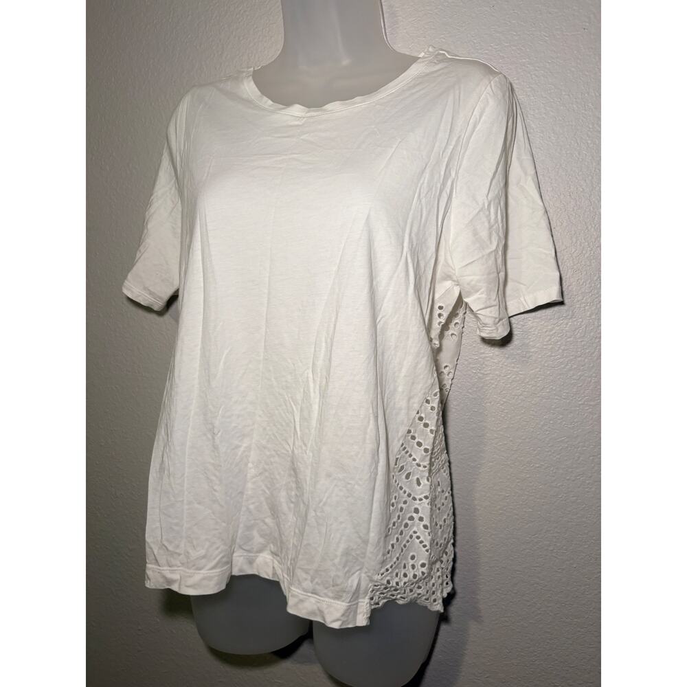 Chicos White Eyelet Lace Back Short Sleeve Tee Scalloped Top Size 1 M
